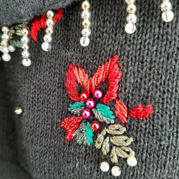 WHITE STAG Vintage Embroidery & Bead Work Christmas Bells Cardigan Sweater Sz XL - Picture 7 of 16